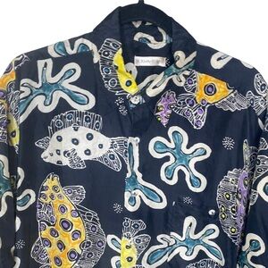 Burma Bibas 100% Silk Button Front Wild Fish Short Sleeve Shirt Sz Lg